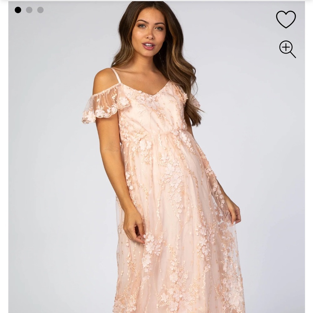 Light Pink Floral Embroidered Mesh Maternity Evening Gown